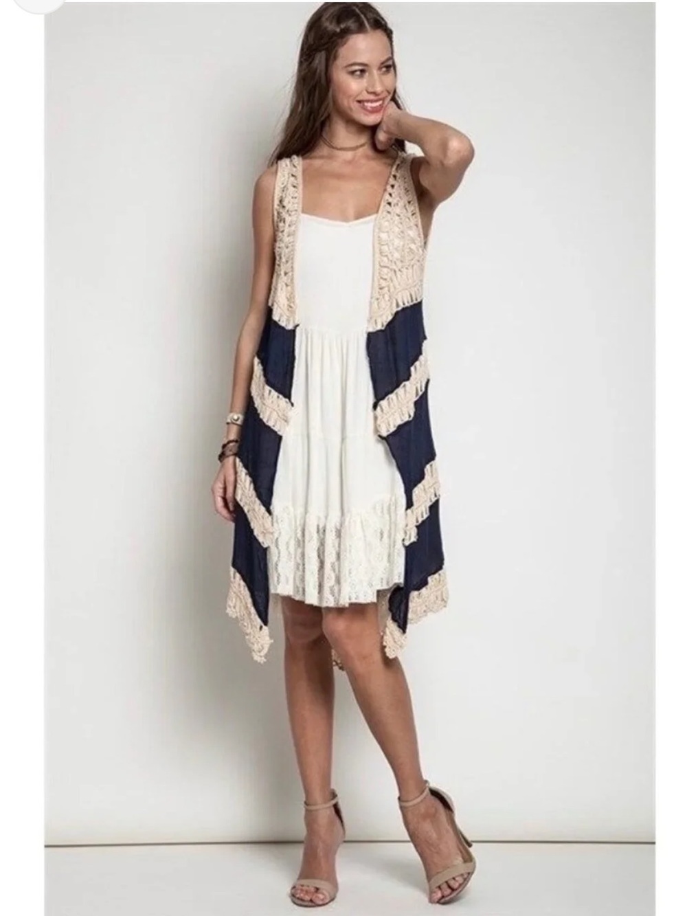 Umgee Navy and Cream Crochet-Trim Open Front Cotton Vest Long Line Boho Chic